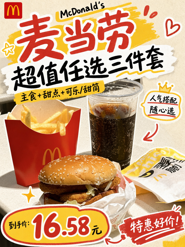 麦当劳超值任选三件套16.58元,主食甜品全都有!